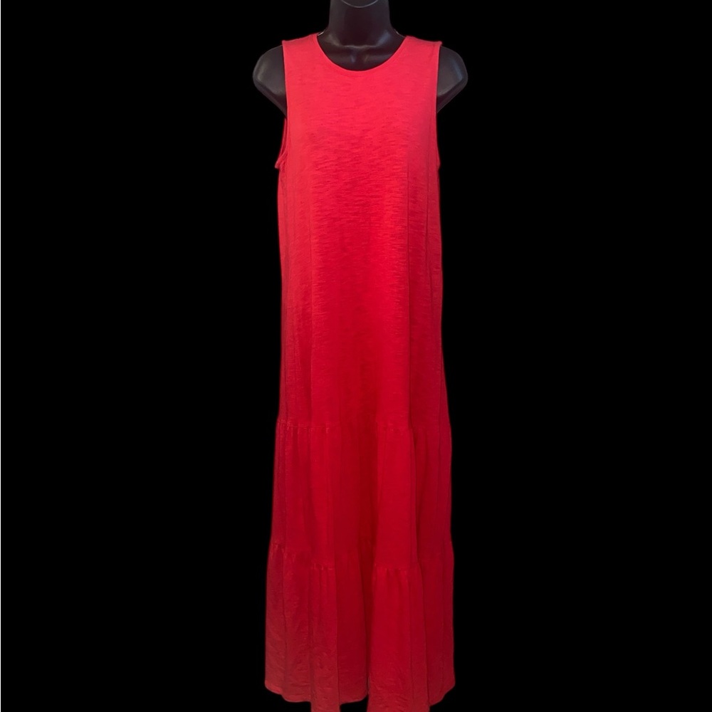 J. Jill Tiered Sleeveless Maxi Dress Geranium Coral Cotton Knit Slub Size Small